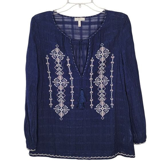 Joie Embroidered Long Sleeve Peasant Top Tassel Ties Boho Navy Blue Medium - Picture 1 of 7